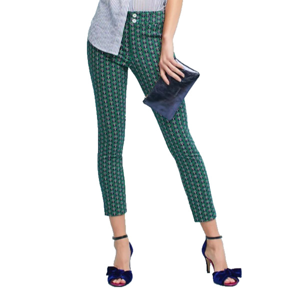 Anthropologie Essential Slim Trousers Green Butterfly AOP Preppy Ankle Pant 2 - Picture 1 of 12